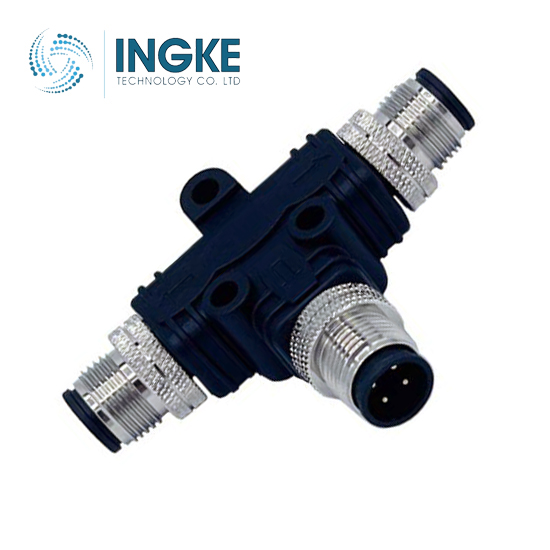 T58-A04-MMMR001 M12 Circular Connector Distributor T-Shaped 4/4 (2) Male Pins/Male Pins (2) Free Hanging (In-Line)