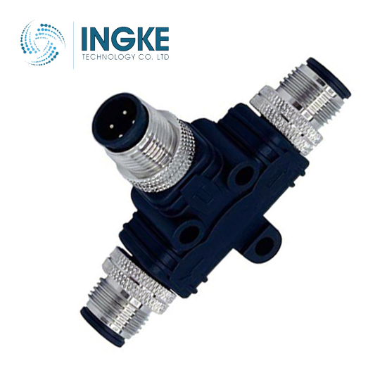 T58-D04-MMMR001 M12 Circular Connector Distributor T-Shaped 4/4 (2) Male Pins/Male Pins (2) Free Hanging (In-Line)
